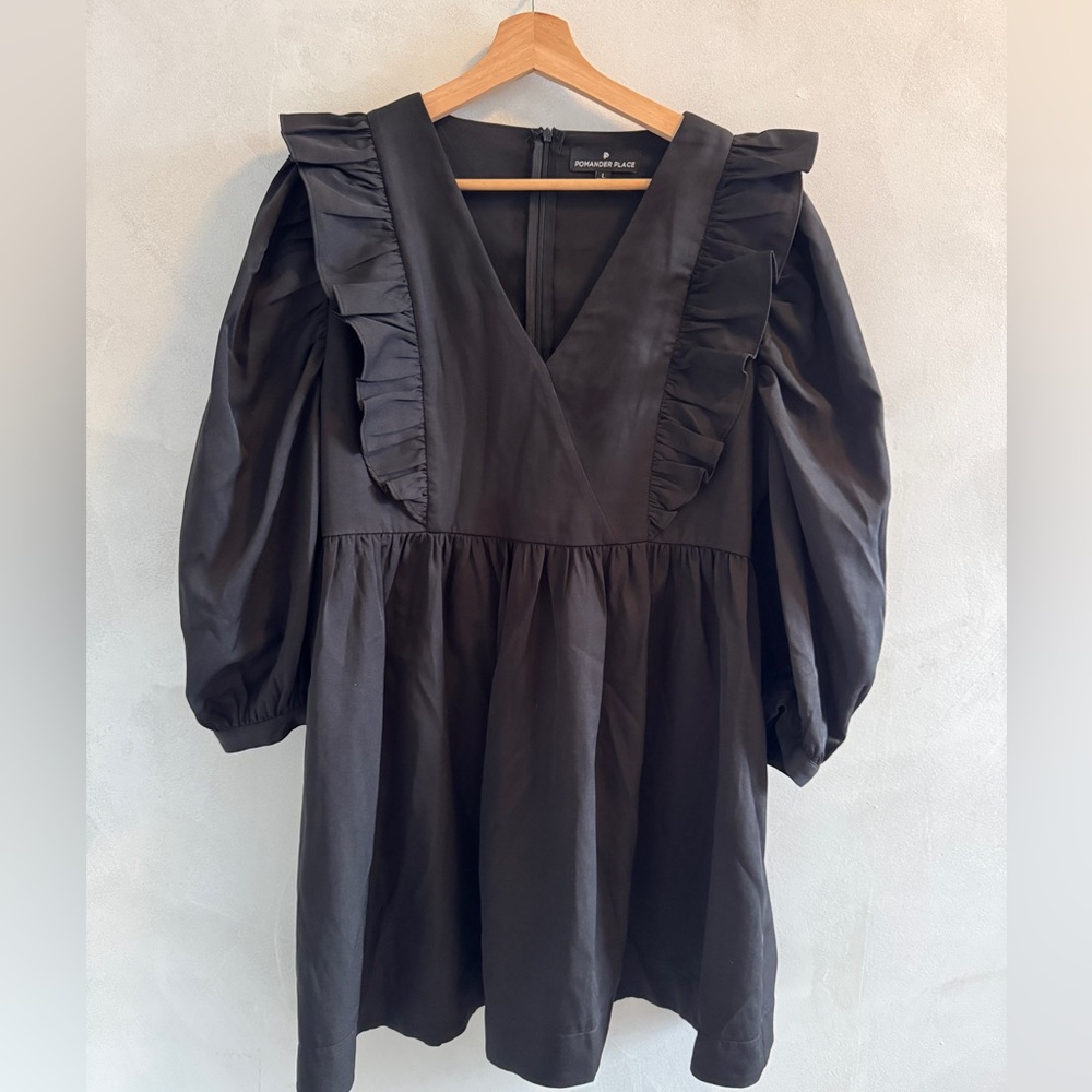 Pomander Place - Black Puff Sleeve V-Neck Cocktail Dress - Size L